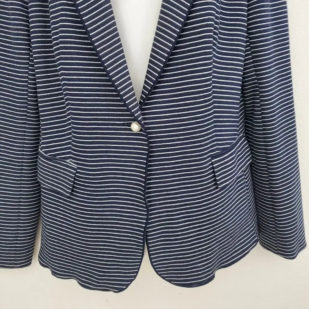 Tahari Women's Blazer 10 Blue Striped Pique Knit Pearls Nautical Business Office